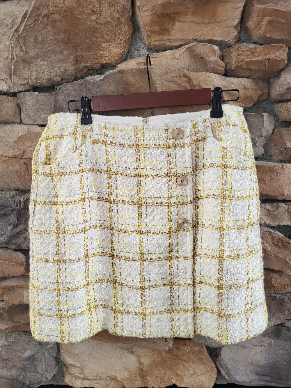 Chic Cream & Yellow Tweed Button-Front Mini Skirt NWOT By Cabi